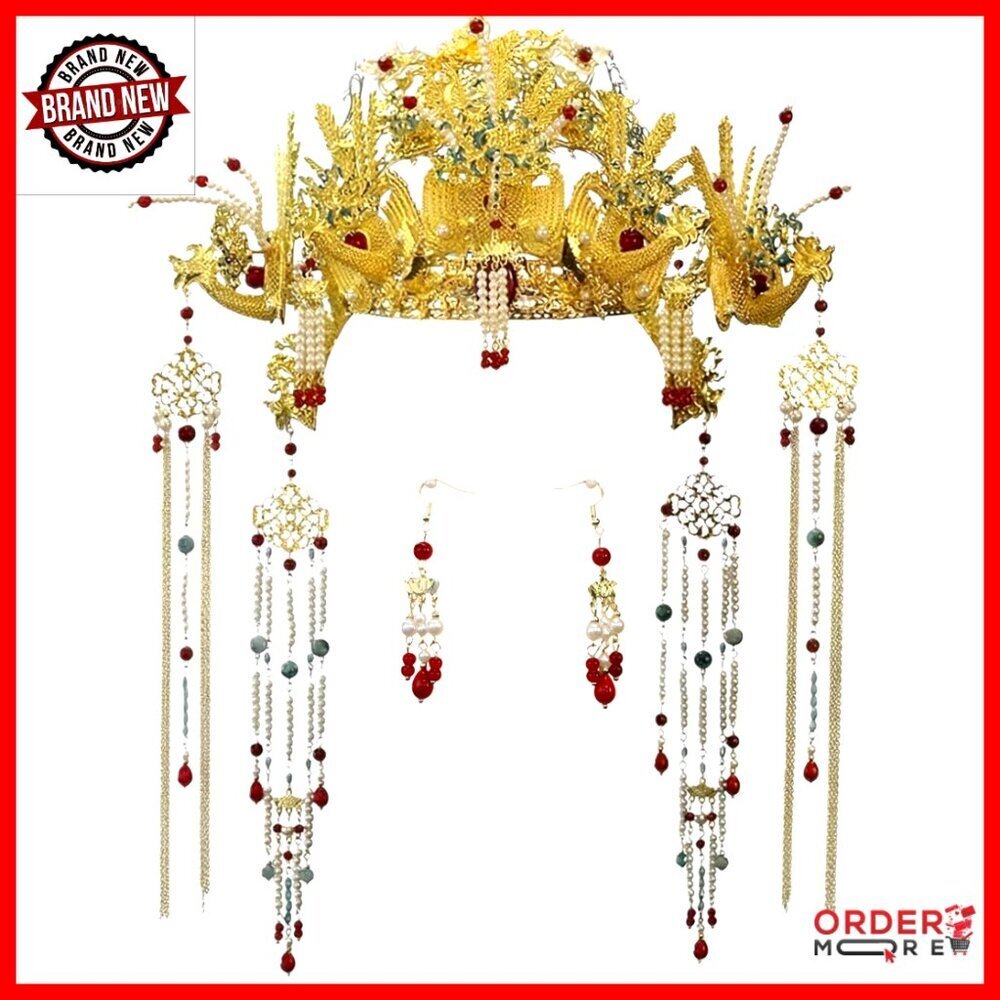 Traditional Chinese Wedding Tiara Headband with Earrings Gold Floral Beaded